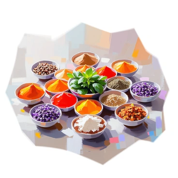 A vibrant mandala design created using an assortment of spices and herbs. The mandala features bright red paprika, golden turmeric, dark green basil, and deep purple lavender arranged in intricate patterns. The spices are placed in circular sections, showcasing their unique colors and textures. In the center, a cluster of fresh herbs such as cilantro and parsley adds a lush green focal point. Surrounding the mandala, small bowls of spices enhance the composition, emphasizing the celebration of culinary arts.