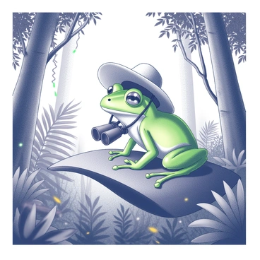A frog with vibrant green skin is wearing a safari hat that sits slightly askew on its head. Around its neck are a pair of binoculars, which hang down as it examines its surroundings. The frog is perched on a large, broad leaf in the dense jungle. Surrounding it are towering trees with thick trunks and a variety of leaves. Vines dangle from the branches above, and scattered ferns create a lush underbrush. In the background, hints of wildlife can be imagined, like colorful birds perched high up and insects flitting about. The overall scene conveys an atmosphere of exploration and curiosity.