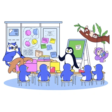 A classroom setting within a zoo features various animals engaged in learning. A group of animated penguins is seated at miniature desks, attentively looking at a large chalkboard filled with colorful diagrams. A wise-looking owl stands at the front, wearing glasses and gesturing with a wing as it explains the syllabus. Nearby, a curious monkey is swinging from the ceiling, peering over at a stack of books. In the corner, a sleepy sloth is hanging lazily from a branch, trying to focus on a book titled "Animal Adventures." The walls are decorated with posters of different animal habitats. Bright sunlight streams in through large windows, illuminating the cheerful atmosphere.