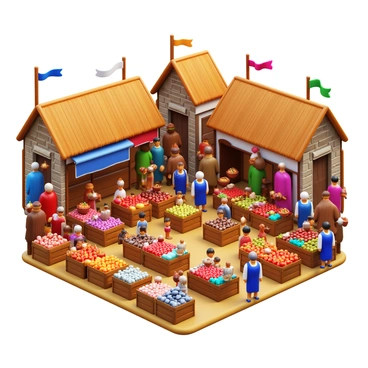 A bustling medieval market scene filled with activity. Numerous vendors display various fruits in wooden crates, showcasing vibrant apples, oranges, and berries. Colorful fabrics hang from stalls, presenting a spectrum of textures and patterns. Artisans demonstrate their crafts, such as pottery and handmade jewelry. Townspeople and visitors interact, some haggling over prices while others examine goods. The background features rustic buildings with thatched roofs and banners fluttering in the breeze.