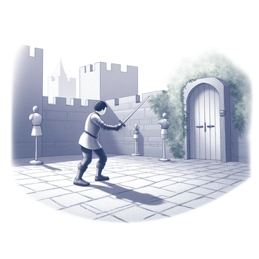A young squire is engaged in swordplay in a castle courtyard. The squire wears a tunic and leather armor, and holds a wooden sword firmly in both hands. His stance is focused, with one foot forward and his body angled as he prepares for an imaginary opponent. Surrounding him are stone walls of the castle, partially covered in ivy, and a few wooden training dummies positioned at various distances. The ground is made of rough cobblestones, and in the background, a glimpse of castle towers can be seen against the sky. The atmosphere is that of determination and discipline as the squire practices his skills.