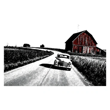 A peaceful country road stretches into the distance, bordered by lush fields on either side. In the foreground, a classic 1950s car is driving along the road, its vintage design prominently displayed. The fields are filled with tall grass that sways gently with the breeze. In the background, a large red barn stands prominently, its weathered wood contrasting with the greenery surrounding it. The sky above is clear, adding to the tranquil atmosphere of the scene.