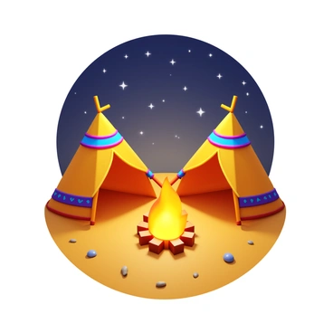 A desert campsite featuring traditional tents with vibrant patterns. The tents are arranged in a semi-circle around a central campfire, which has glowing orange flames. The ground is covered with soft sand and scattered pebbles. Above, a starlit sky is visible, with numerous stars twinkling brightly against a dark backdrop. The scene evokes a sense of warmth and adventure in the desert landscape.