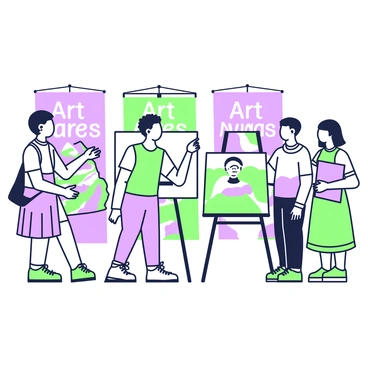 A group of students is standing proudly beside their artwork at a competitive art exhibition. Each student has a unique piece displayed on an easel, showcasing various styles and techniques. In the background, there are banners with "Art Awards" written on them. One student is explaining their work to a judge, pointing towards a colorful painting that depicts a landscape. Another student is adjusting their sculpture made from clay, while a third student stands nearby holding a portfolio. The atmosphere is filled with excited conversations and the anticipation of awards.