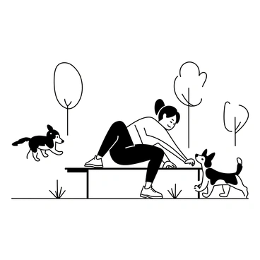 A person performing dips on a park bench, with their hands gripping the edge of the bench. The individual is wearing athletic clothing, with a focused expression on their face. In the background, a dog with a wagging tail is playing, appearing energetic and lively. The park setting includes trees and grassy areas, creating a natural environment. The scene captures a moment of physical activity and companionship.