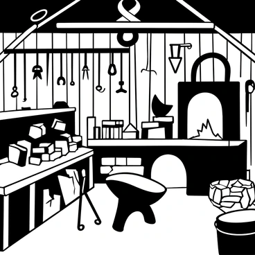 A village blacksmith shop with tools hanging on the walls and a glowing forge