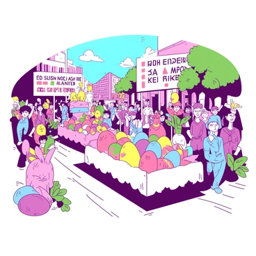 A vibrant scene of a joyful Easter parade taking place on a sunny day. People of all ages are wearing colorful costumes that celebrate the holiday, with some dressed as bunnies and chicks. There are several decorated floats moving down the street, each adorned with large, colorful eggs that are painted in various patterns. Surrounding the floats, there are bright flowers blooming along the route, adding to the festive atmosphere. The crowd is smiling and waving, creating a lively and cheerful environment.