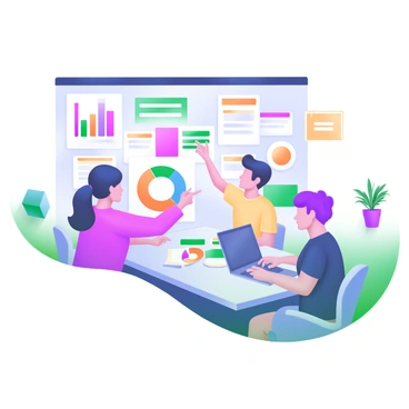 A modern pastel illustration depicting a marketing team gathered around a large table. On the wall behind them are colorful charts and visuals showcasing various marketing strategies. The team members, consisting of three individuals, are engaged in discussion, with one person pointing at a pie chart. The other two are taking notes, one with a notepad and the other with a laptop open in front of them. The room is bright, with a few potted plants in the background, adding a touch of greenery to the scene.