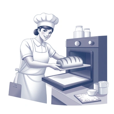 A baker is standing in a kitchen, pulling a perfectly risen loaf of bread from a large, black oven. The baker is wearing a white apron and a chef's hat. The oven door is open, revealing the golden-brown loaf with a crispy crust. The baker has a look of pride on their face, with a slight smile and bright eyes. The kitchen is filled with various baking tools and ingredients, including flour, measuring cups, and a wooden cutting board. The warm, inviting atmosphere of the kitchen adds to the overall scene.