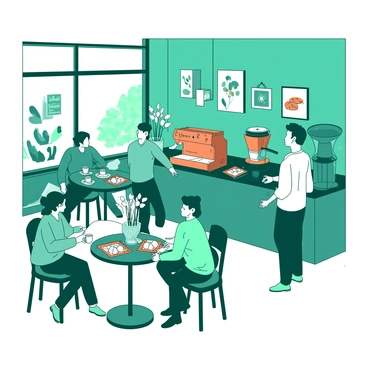 A teal cozy café is filled with various patrons enjoying their coffee and pastries. Some patrons are sitting at round wooden tables, each adorned with small vases of white flowers. A barista behind the counter is preparing drinks, with an orange espresso machine shining brightly. On the counter, there are trays displaying an assortment of pastries, including croissants and muffins. The café walls are lined with art pieces, showcasing vibrant colors and patterns, creating an inviting atmosphere. Natural light streams through large windows, illuminating the scene and casting soft shadows across the floor.