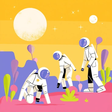 A group of three astronauts in futuristic space suits is exploring a distant planet. The astronauts are positioned in the foreground, with one kneeling to examine the surface while the other two stand and look around. The planet features an alien landscape with vibrant green and purple rocks jutting out of the ground. Unusual, large, multicolored plants grow in clusters nearby. In the background, a bright orange sky is decorated with two large moons and scattered stars. The astronauts' helmets reflect the vivid colors of the landscape, enhancing the sense of exploration and discovery.