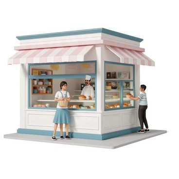 A bustling corner bakery with a charming storefront, featuring large glass windows displaying an array of fresh bread and pastries. Inside, a friendly baker, wearing a white apron and a chef's hat, stands behind the counter, serving a variety of baked goods. Customers, including a woman in a blue dress holding a wicker basket, and a man in a striped shirt, are eagerly selecting their favorite items. The air is filled with the warm aroma of freshly baked goods, as a display case showcases fluffy croissants, golden loaves, and colorful pastries. The bakery is decorated with rustic wooden shelves and vibrant wall art that enhances the cozy atmosphere.