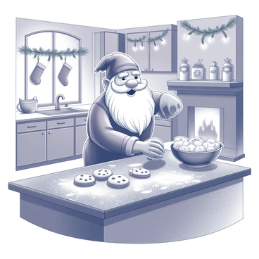 A cheerful nisse is standing on a wooden kitchen counter, focused on baking cookies. The nisse has a bushy white beard and is wearing a traditional red outfit with a matching hat. The kitchen is filled with various holiday decorations, including garlands made of pine branches and twinkling lights draped across the cabinets. A large bowl of cookie dough sits in front of the nisse, along with scattered flour creating a light dusting on the counter. In the background, there are cheerful holiday-themed ornaments hanging from the shelves and a warm fireplace with stockings displayed above it.