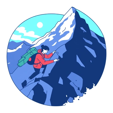 A person is climbing a steep mountain. The climber is wearing a bright red jacket, and their backpack is a contrasting teal color. The mountain's rugged surface is adorned with patches of dark rocks and areas of light gray snow. At the peak of the mountain, the sun is rising, casting a warm glow and illuminating the surroundings. The sky is transitioning from deep blue to lighter shades as the sun breaks through. The climber is mid-motion, focused and determined, with one hand gripping a rocky outcrop and the other reaching upward.