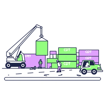 A shipping yard filled with various containers stacked in organized rows. On the left side, a large crane is positioned, lifting a bright container from the ground, with its arm extended high. In the background, a truck with its cargo area open is waiting to be loaded, while workers in safety vests are moving between the containers. Several containers are marked with “CPT” labels clearly visible on their sides. The ground is paved with concrete, showing tire marks from heavy vehicles. A clear sky stretches overhead, giving a sense of activity in the busy yard.