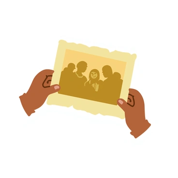 A faded photograph held gently in two hands, featuring a sepia-toned image of a family gathering from years past. The edges of the photograph are frayed, and the faces in the image appear soft and indistinct, as if the memory is slowly dissolving. The hands are weathered and show signs of age, with fingers delicately grasping the photograph, conveying a sense of nostalgia. The background is softly blurred, emphasizing the photograph as the focal point of the image.