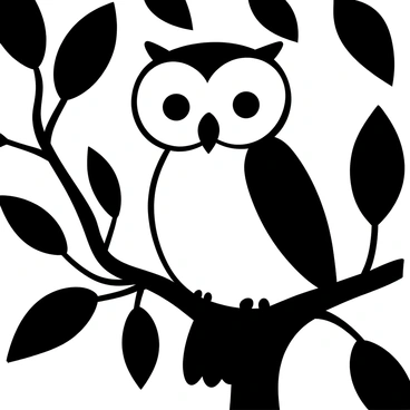 An owl with distinct feathers perched on a branch, showcasing its large eyes and keen ears. The branch is gnarled and twisted, surrounded by silhouettes of leaves in the background. The owl's posture is alert, ready for nighttime hunting, with its wings slightly tucked against its body. The scene is dimly lit, emphasizing the owl's features and the texture of the branch it rests upon.