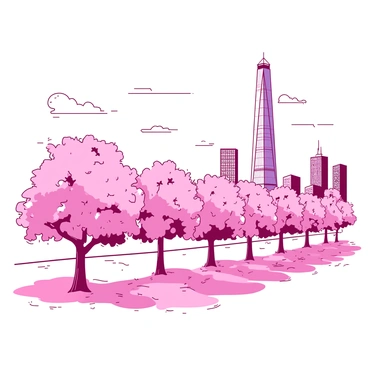 A pink orchard filled with blossoming trees extends across the foreground. The trees are laden with delicate pink flowers, creating a vibrant scene of spring. In the background, the One World Trade Center stands tall against the sky, its sleek glass facade reflecting the sunlight. The contrast between the soft pink blossoms and the modern structure of the tower captivates the viewer's attention. Gentle breezes cause the branches to sway slightly, adding a sense of movement to the tranquil setting.