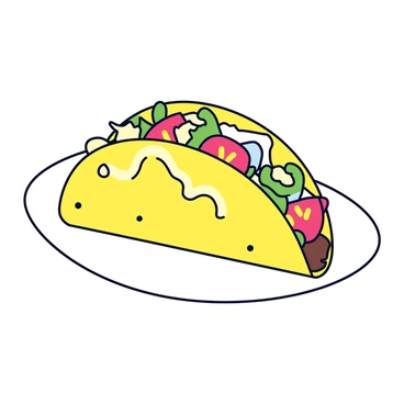 A taco with a golden-brown crispy shell, filled with melted cheese. Inside, there are vibrant fresh vegetables including diced tomatoes, shredded lettuce, and thinly sliced jalapeños. A glossy drizzle of sauce, possibly a creamy avocado or spicy salsa, runs over the top, adding a shiny finish. The taco is placed on a simple white plate, ready to be enjoyed.