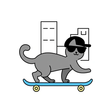 A cat with a sleek, gray coat is wearing a black cap tilted slightly to the side. Dark sunglasses cover its eyes, giving it a trendy appearance. The cat is positioned on a skateboard, its paws firmly placed on the board. The skateboard is vibrant, painted with bright colors and designs, moving smoothly along a flat surface. The setting suggests an urban environment, with simple outlines of buildings in the background.
