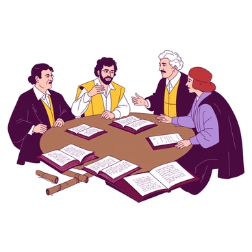 A group of prominent historical figures is engaged in a lively discussion around a round table. The table is overflowing with open books and ancient scrolls, some of which are unrolled, revealing intricate illustrations and text. Each figure displays distinct attire representative of their era, with vibrant colors enhancing their clothing. One figure gestures animatedly with a quill in hand, while another leans in, showing great interest. The expressions on their faces reflect passion and enthusiasm for literature, creating a dynamic atmosphere of intellectual exchange.
