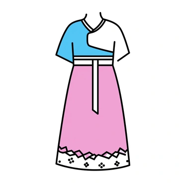 A traditional hanbok with modern cuts, featuring a vibrant combination of bold colors like deep blue and bright red. The top is a short jacket with a unique asymmetrical design, while the skirt is a flowing piece that falls elegantly to the ankles. The outfit is accessorized with a sleek modern belt that cinches at the waist. The hem of the skirt has intricate geometric patterns, adding a contemporary flair to the traditional silhouette. The fabric appears light and airy, suggesting movement and grace.