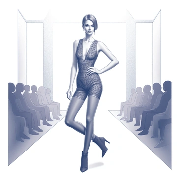 A fashion model is standing on a catwalk. The model is wearing an elegant outfit that features sleek lines and intricate patterns. They are striking a dynamic pose, with one leg extended forward and arms positioned confidently. The model's facial expression conveys determination and poise. The background suggests a stage with bright lights illuminating the scene. The audience is subtly depicted in silhouette, creating a sense of depth in the image.
