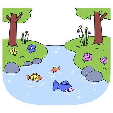 A gently flowing stream with clear, sparkling water. The water reflects the sunlight, creating glimmers that dance across the surface. In the stream, there are several colorful fish swimming gracefully among smooth pebbles. The banks of the stream are lined with lush green grass and clusters of wildflowers in vibrant hues. Tall trees with thick trunks and leafy canopies provide shade, creating a serene environment around the stream.