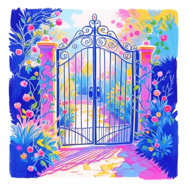 An ornate wrought iron garden gate stands tall at the entrance to a lush garden. The gate is intricately designed with swirling patterns and filigree work. It is adorned with climbing vines that wrap around the vertical bars, showcasing vibrant green leaves. Colorful flowers in various shades bloom along the edges of the gate, adding a touch of brightness. The sunlight filters through the foliage, casting delicate shadows on the ground. A cobblestone pathway leads up to the gate, inviting visitors to step into the garden beyond.