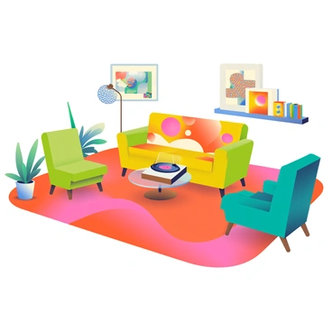 A retro 1970s living room with shag carpeting and funky furniture