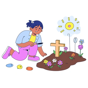 A child kneels beside a small grave marked with a simple wooden cross. The grave is surrounded by freshly turned soil, and colorful flowers are being planted, including daisies and marigolds. The child has a gentle expression, focused on their task, with a small trowel in hand. Sunlight filters through nearby trees, casting soft shadows on the ground. A few small, colorful stones are placed around the grave as a decorative touch, symbolizing love and remembrance.