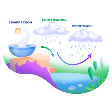 A modern pastel illustration depicting the water cycle. The image features four distinct sections representing evaporation, condensation, precipitation, and collection. In the evaporation section, a body of water is shown with steam rising into the air, accompanied by the sun shining brightly. The condensation section displays fluffy clouds forming in the sky, with small droplets starting to gather. In the precipitation section, rain is falling from the clouds, with droplets visibly splashing on the ground. Finally, the collection section illustrates a pond or lake collecting the rainwater, with plants and trees surrounding the water's edge. Each section is clearly labeled with the respective terms "Evaporation," "Condensation," "Precipitation," and "Collection."