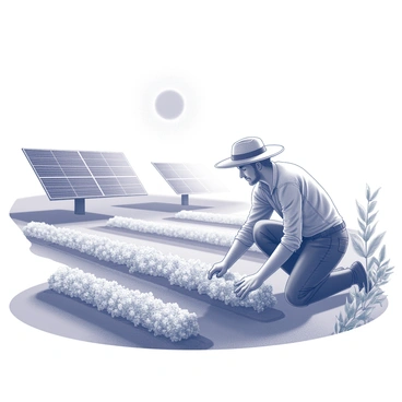 A farmer is tending to a field of crops, showcasing rows of healthy plants. The farmer is wearing a straw hat and a denim shirt, kneeling down to inspect the soil. In the background, there are several solar panels positioned on a flat surface, angled towards the sun, reflecting light. The sky is clear, and the sun is positioned high, casting defined shadows on the ground. The farmer is surrounded by lush greenery, emphasizing the sustainable farming practices being employed.