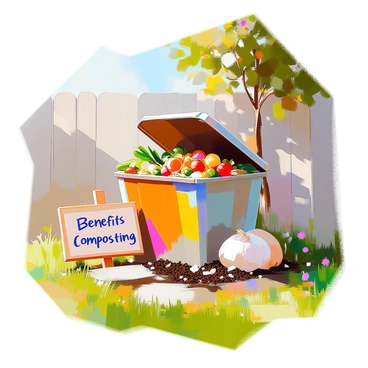 A colorful compost bin made of recycled materials, prominently displaying various kitchen scraps such as fruit peels, vegetable trimmings, and coffee grounds. The bin is set in a lush backyard surrounded by green grass and a few flowers. Next to the compost bin, there is a wooden sign with the text "Benefits of Composting" clearly written, explaining how composting helps reduce waste and enriches the soil. Sunlight filters through nearby trees, casting soft shadows on the scene.