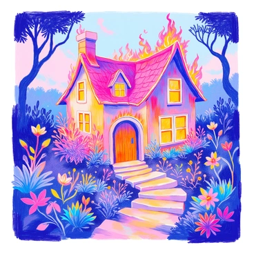 A fantasy cottage is built into a swirling flame, with walls made of crackling, vibrant fire. The roof has flickering tongues of flame that resemble traditional shingles. Surrounding the cottage, there are various enchanted flora, including luminescent flowers with petals that glow in shades of blue and green. Some plants have twisting vines that appear to dance in the air. A pathway made of smooth, polished stones leads up to the door of the cottage, which is carved with intricate designs. The atmosphere is filled with soft, warm light emanating from the flames and the glowing plants.