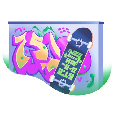 A colorful skateboard leaning against a graffiti wall. The skateboard's deck features a bold and vibrant quotation in striking typography. The graffiti wall behind showcases an array of bright colors and intricate designs, enhancing the lively atmosphere. The skateboard is positioned at an angle, showcasing its unique artwork and the vibrant background.