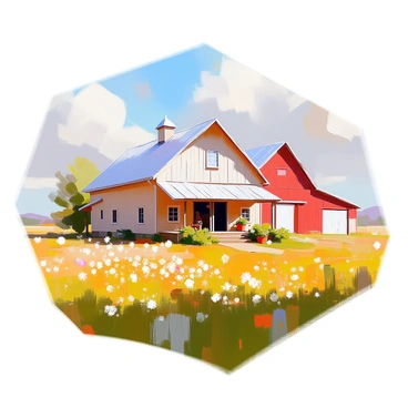 A tranquil farmhouse with a weathered wooden exterior, featuring a welcoming porch adorned with potted plants. Surrounding the farmhouse are expansive green fields dotted with wildflowers, creating a vibrant landscape. In the background, a rustic red barn stands, its doors slightly ajar, revealing hints of farming equipment inside. The scene is enveloped in a gentle, warm light, casting soft shadows and enhancing the peaceful atmosphere. Soft brush strokes create a sense of harmony among all elements, blending the farmhouse, fields, and barn seamlessly.