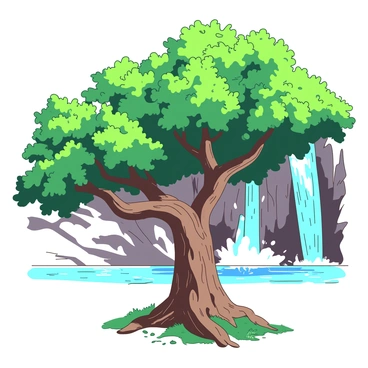 A duotone illustration features a large fig tree with thick, twisting branches and lush green leaves, set in the foreground. The trunk of the tree is broad and textured, showing the age and strength of the plant. In the background, a cascading waterfall pours down rocky cliffs, sending sprays of water into the air. The water sparkles as it hits the pool below, creating a lively atmosphere. Sunlight filters through the leaves of the fig tree, casting intricate shadows on the ground around it. 
