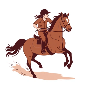 A determined rider with a focused expression is gripping the reins tightly while attempting to stay seated on a fiercely bucking horse. The horse is a powerful chestnut color, its mane and tail flowing wildly as it kicks up its hind legs. The rider is wearing a fitted black helmet and a riding jacket, with their boots firmly planted in the stirrups. Dust is rising from the ground as the horse's hooves make contact, creating a dynamic scene of motion and energy. The rider's hair is whipping back in the wind, showcasing their concentration amidst the chaos.