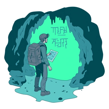 An explorer wearing a rugged backpack and a headlamp stands in the center of a glowing cave. The walls of the cave are illuminated with a soft teal light, revealing intricate ancient runes carved into the stone. The explorer, equipped with a map in one hand, looks intently at the runes, while the other hand rests on the wall for support. Stalactites hang from the ceiling, dripping subtle drops of water, which reflects the glow of the cave. The ground is uneven and scattered with small rocks, adding to the adventurous atmosphere.