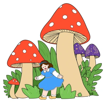 A girl named Alice with light skin and long brown hair is gradually shrinking in size. She wears a blue dress with white accents and has a curious expression on her face. Surrounding her are oversized mushrooms with colorful caps; some are bright red with white spots, while others are deep purple with intricate patterns. The background is filled with various green plants and ferns, all appearing much larger than Alice. The scene conveys a sense of wonder and a whimsical atmosphere as Alice continues to shrink amidst the towering fungi.