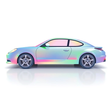A 3D car emblem is prominently displayed in the center. The emblem features intricate detailing, showcasing a sleek design with sharp edges and curves. It has a holographic finish that reflects light, creating a spectrum of colors that shifts as the light angle changes. The background consists of a subtle gradient that enhances the shimmering effect of the emblem. The surface beneath the emblem is smooth and reflective, mirroring its vibrant colors. The overall composition highlights the emblem's dynamic appearance and modern aesthetic.