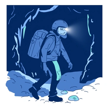 An explorer with a rugged backpack is cautiously navigating through a dark cave. The explorer is wearing a sturdy helmet with a built-in flashlight that casts a bright beam of light, illuminating the cave walls. The walls are adorned with glistening stalactites and stalagmites, reflecting the light in a captivating manner. In the background, the shadows deepen, creating a stark contrast with the illuminated features of the cave, highlighting the hidden beauty within. The ground is uneven and rocky, adding to the explorer's careful movement.