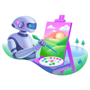 A modern pastel illustration featuring a futuristic AI robot with sleek metallic features and LED lights. The robot is holding a large, vibrant paintbrush, poised mid-stroke. It is painting a colorful landscape on a canvas that showcases rolling hills in bright green, a sky filled with fluffy pastel clouds, and a radiant sunset. The palette beside the robot is filled with various vibrant paint colors. In the background, there are hints of trees and a shimmering lake reflecting the vivid hues of the scene.