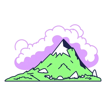 A mountain peak rises majestically, partially obscured by low-hanging clouds and fog that envelop the lower slopes. The jagged edges of the peak are visible, contrasting sharply with the soft, swirling mists. The clouds drift lazily around the summit, creating a sense of mystery and depth. Below, the rocky terrain is rugged, with patches of grass and small boulders scattered across the landscape. The atmosphere is filled with a sense of elevation and isolation, drawing the viewer's eye upwards towards the partially hidden apex.