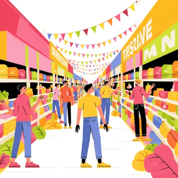 A bustling desi street market filled with vibrant stalls displaying an array of colorful spices in jars and bags. People of diverse backgrounds shop eagerly, examining the rich hues of red chili powder, golden turmeric, and green coriander. The market is lively, with vendors energetically calling out to potential customers. Strings of bright banners hang above the stalls, and the ground is covered with a mosaic of colorful fabrics and fresh produce. The atmosphere is teeming with activity, creating a sense of community and vibrant culture.