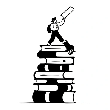 A teetering stack of books arranged in a precarious manner. A small figure, depicted as a silhouette, is climbing to the top of the stack, using one hand to grasp the edge of the highest book. The books are varied in size and thickness, creating an uneven and unstable structure. Some books are open, while others are closed, adding to the chaotic appearance. The figure is wearing a simple outfit with a backpack, emphasizing its determination to reach the summit of the stack.