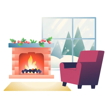 A warm fireplace is crackling with orange flames and glowing embers, casting a soft light around the room. The mantel is adorned with small evergreen branches and red berries. In the foreground, a plush, cream-colored rug lies on the wooden floor. To the side, there is a comfortable armchair upholstered in deep burgundy fabric. Through a large window, snowflakes are gently falling outside, covering the ground in a thick layer of white. The landscape outside features tall, snow-dusted pine trees under a grey sky.