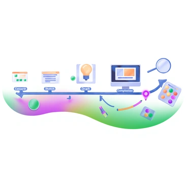 A modern pastel illustration depicting a timeline spanning from "Concept" to "Completion." The timeline is represented as a long, horizontal line with clearly marked stages. Each stage features a distinct icon: "Concept" has a light bulb, "Sketch" displays a pencil, "Draft" shows a computer screen with artwork, "Review" includes a magnifying glass, and "Finalization" features a colorful paint palette. Arrows connect each stage, guiding the viewer from one phase to the next. The background is a soft gradient of pastel colors to enhance the overall aesthetic.