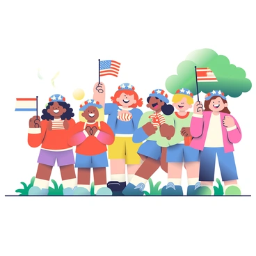A group of children is gathered together, each waving small colorful flags adorned with national symbols. They are all wearing matching red, white, and blue patriotic hats that feature stars and stripes. The children have varying hairstyles, including short curly hair, long straight hair, and ponytails. Some of them are smiling widely, while others are focused on the flags in their hands. The background is filled with green grass, and there are a few trees providing shade nearby. The sun is shining brightly, casting soft shadows on the ground.